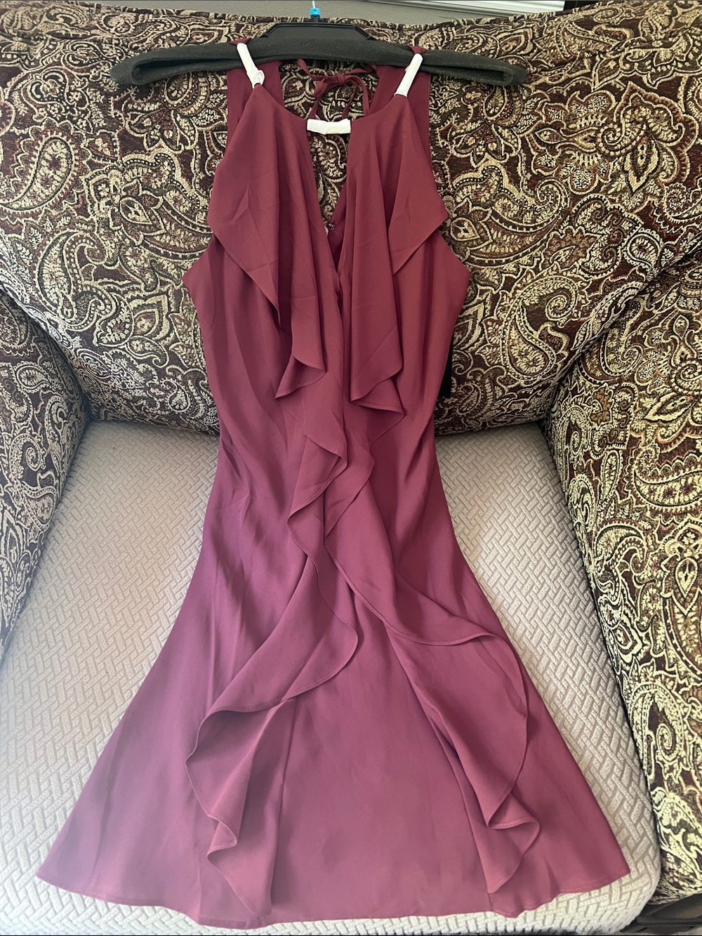 NWT Sleeveless Ruffle Front Dress in Burgundy Rhinestones covered for protection